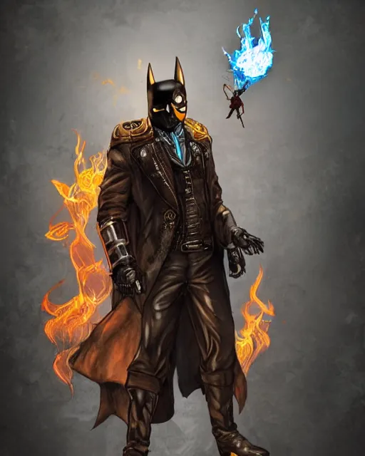 Image similar to steampunk batman with fire and ice magic coming out from his hands in a dystopian environment, full body view, highly detailed, amazing digital art, artstation, sharp focus