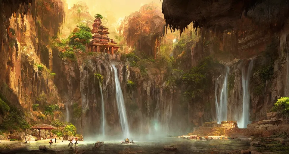 Prompt: indian ancient temple hidden looks like a lotus in a cave waterfalls around, realistic concept art, eytan zana, one pixel brush, by eugene von guerard, ivan shishkin, dramatic lighting, concept art, trending on artstation