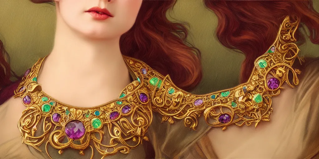 Prompt: highly detailed oil painting, art nouveau, ornate, delicate, brilliant magical gemstones choker, around a neck, octane render, realistic, dramatic light,