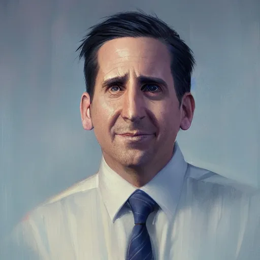 Prompt: hyper realistic, portrait of michael scott, ethnicity : japanese, epicanthal fold, painted by greg rutkowski, wlop, loish,