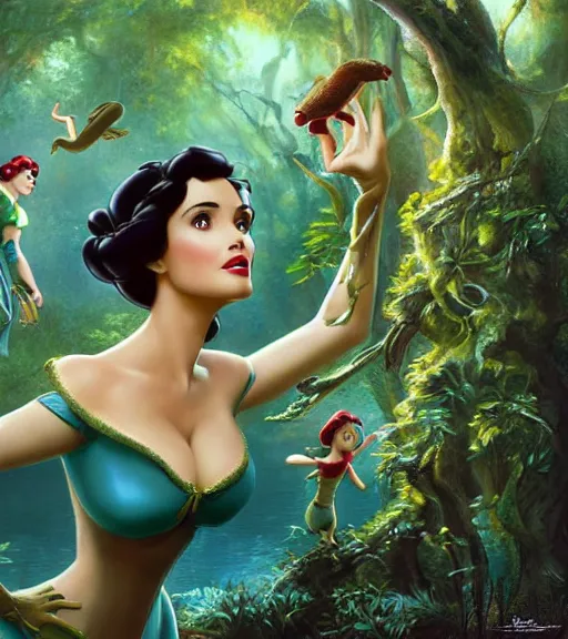 Prompt: film still of Salma Hayek as snow white in a forest by a pond with frogs, by artgerm, makoto sinkai, magali villeneuve, Gil Elvgren, Earl Moran,Enoch Bolles, symmetrical,