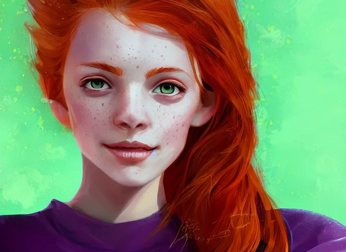 Image similar to portrait of a beautiful smiling girl with orange hair and freckles, green eyes, highly detailed, digital painting, concept art, smooth, sharp, focus, background is purple, artstation, style by Janice Sung