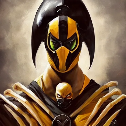 Prompt: greg manchess portrait painting of scorpion from mortal kombat as overwatch character, medium shot, asymmetrical, profile picture, organic painting, sunny day, matte painting, bold shapes, hard edges, street art, trending on artstation, by huang guangjian and gil elvgren and sachin teng