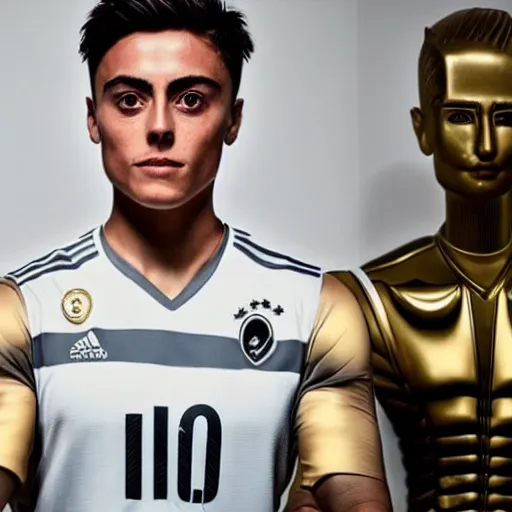 Image similar to a realistic detailed photo of a guy who is an attractive humanoid who is half robot and half humanoid, who is a male android, soccer player paulo dybala, shiny skin, posing like a statue, blank stare, in a living room, on display, showing off his muscles, with a twin