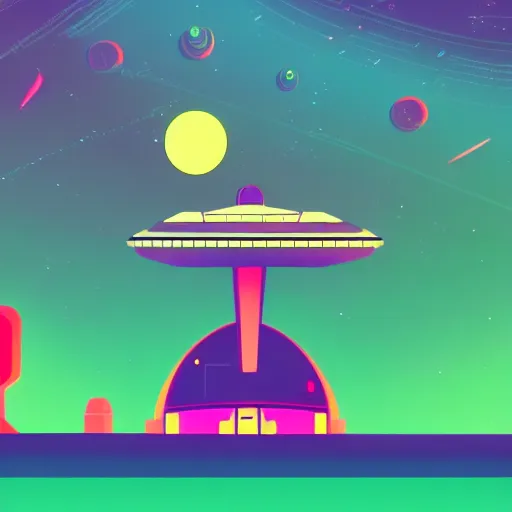 Image similar to a fancy spaceship abandoned on a alien planet, style by kurzgesagt