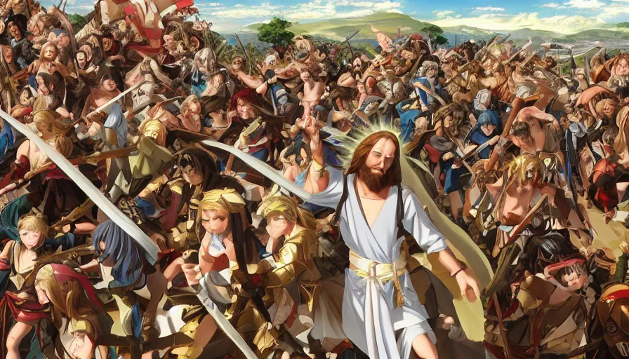 Image similar to jesus christ our lord leading an army of anime girls into battle, photorealistic, anime, mini skirt, long hair, renaissance painting, hyper real, detailed, wide angle shot, ultra detailed