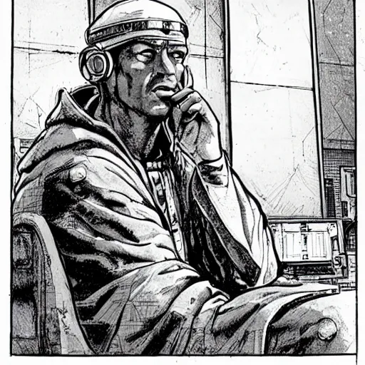 Image similar to Hosea the Beggar priest with cybernetic headset in a busy spaceport on Poseidon 5 colony. Gritty Concept art by James Gurney and Mœbius.