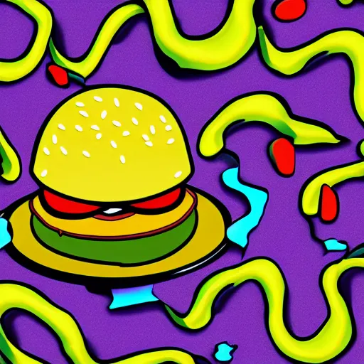 Image similar to burger and fries, falling apart, cheese flying, wacky, psychedelic art, digital art