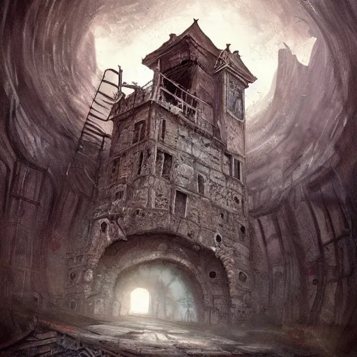 Image similar to an abandoned old,rusty, clock tower in a dark enormous cave, painting, illustration, Concept art, art station, DeviantArt