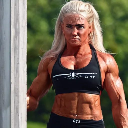 Image similar to a woman who is a genetic combination of hulk hogan and donald trump face and upper - body focus