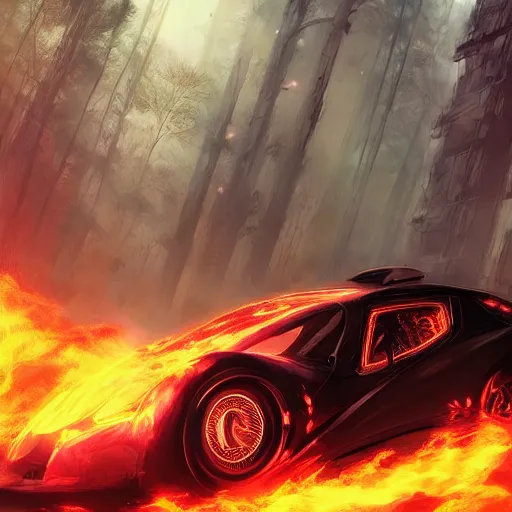 Image similar to cyberpunk car on fire in the middle of the woods, stylized, artgerm, artstation, hd, cgsociety, cgi, realistic, dramatic, cinematic, artistic, trending, detailed