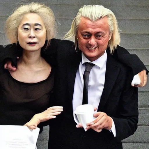 Image similar to geert wilders and yoko ono jamming out