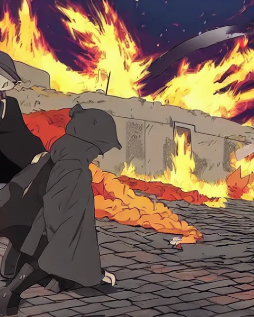 Prompt: a fox in a black trench - coat in front of a huge explosion in the middle of a war, style of anime