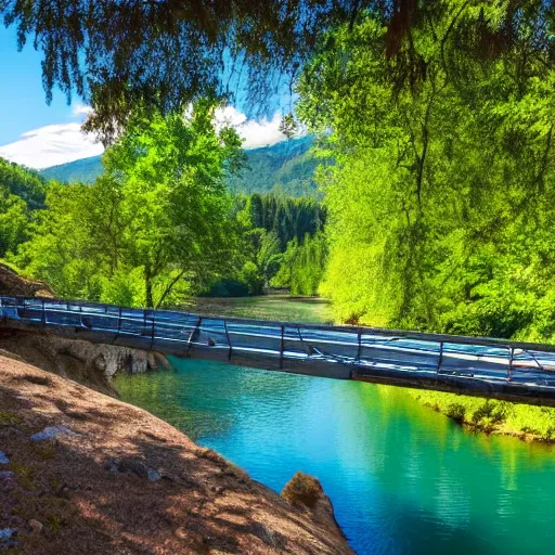 Prompt: bridge over a river within a large valley, scenic, blue sky above, trees in background, hd, 8k