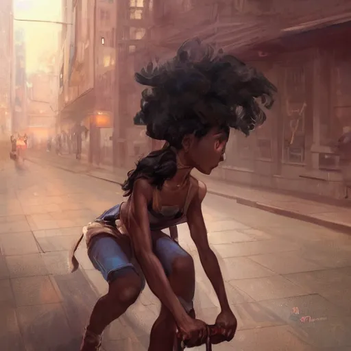 Image similar to short woman dark skin, black hair, pony tail with a old cicycle by Stanley Artgerm Lau, WLOP, Rossdraws, James Jean, Andrei Riabovitchev, Marc Simonetti, Yoshitaka Amano, ArtStation, CGSociety