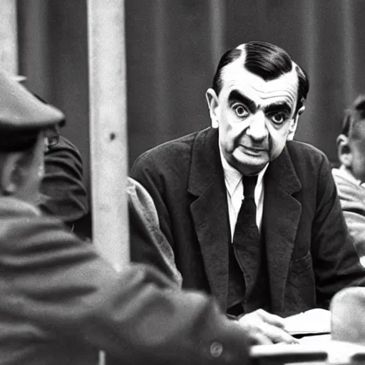 Image similar to mr bean sitting at the nuremberg trials being charged for war crimes