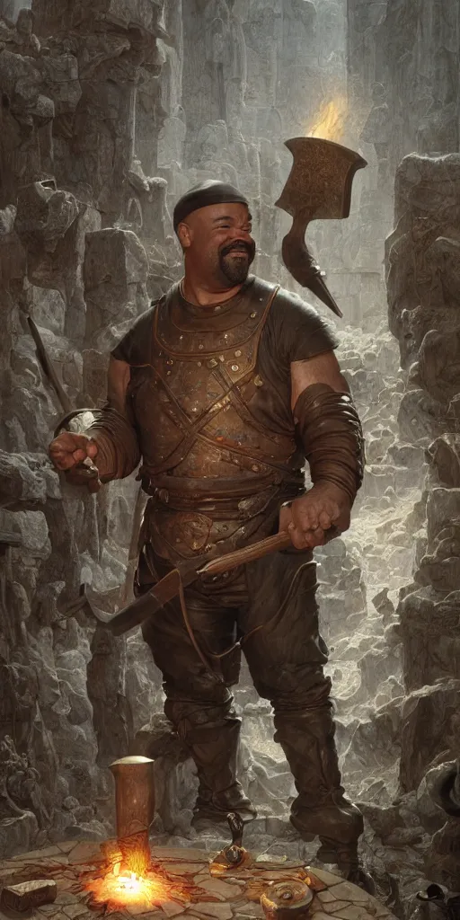 Image similar to jeffrey wright, blacksmith, very long beard, huge and very muscular, smiling hammer, dungeons and dragons, masterpiece by edgar maxence and ross tran and michael whelan, gustav dore, 8 k, octane render