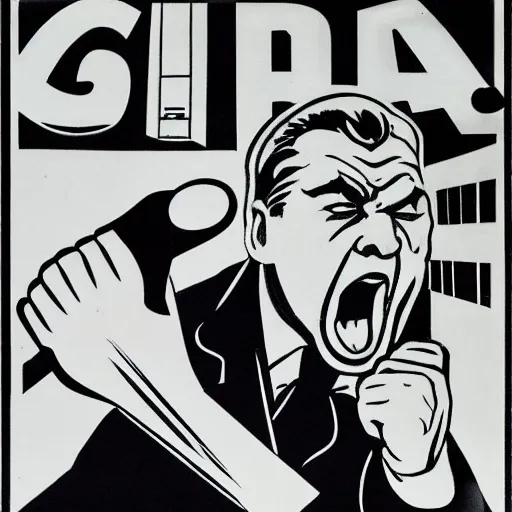 Image similar to soviet propaganda poster of an angry communist developer yelling at his computer