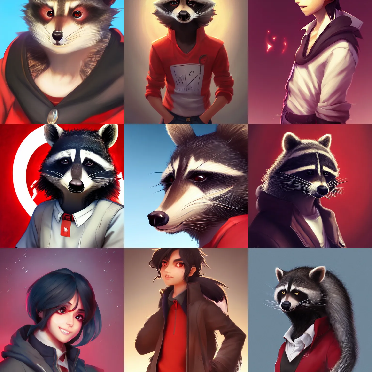 Prompt: beautiful portrait of a male anthropomorphic raccoon fursona with black hair in a ponytail wearing a red shirt. character design by charlie bowater, ross tran, artgerm, and makoto shinkai, detailed, soft lighting, rendered in octane