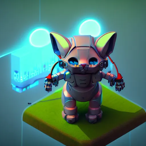 Image similar to Isometric 3D Fantasy Cute Cat Mecha, Smoth 3D Illustration, Cinematic Matte Painting, soft render, Servando Lupini, handpaint texture, Blender, 3DCoat