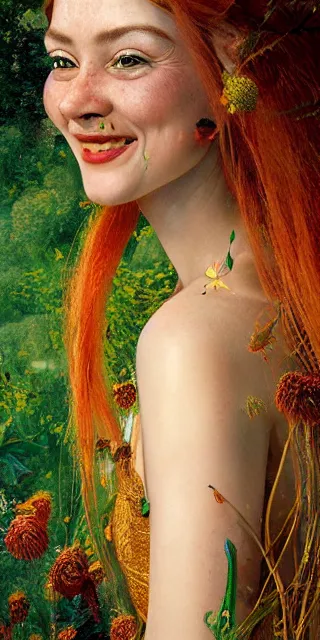 Prompt: lovely woman, serene smile surrounded by golden firefly lights, amidst nature fully covered by a intricate detailed dress, long red hair, precise linework, accurate green eyes, small nose with freckles, smooth oval shape face, empathic, expressive emotions, spiritual scene, hyper realistic ultrafine art by artemisia gentileschi, jessica rossier, boris vallejo