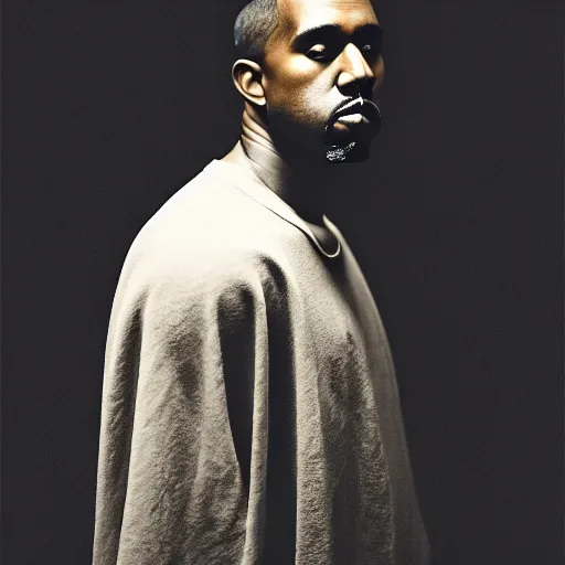 Image similar to a ( ( ( ( ( ( ( ( ( ( ( ( chiaroscuro lighting portrait ) ) ) ) ) ) ) ) ) ) ) of kanye west dressed as rick owens, black background, portrait by julia margaret cameron, shallow depth of field, 8 0 mm, f 1. 8