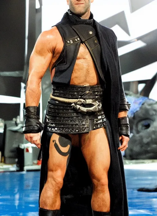 Image similar to jason statham entering entrances ramp of smackdown as samurai!