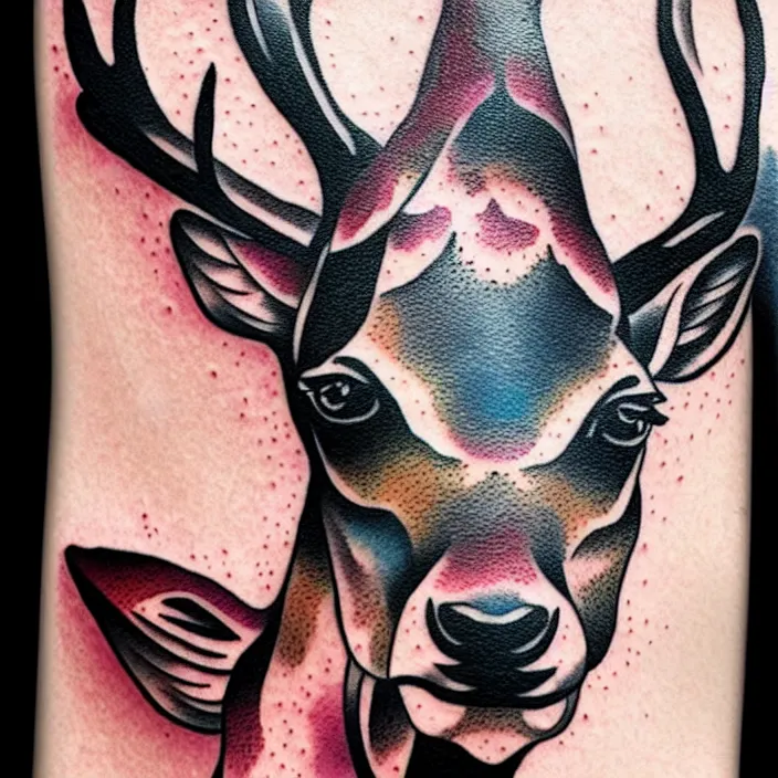 Prompt: full american traditional abstract tattoo art of a deer playing, fine detail, sheet paper