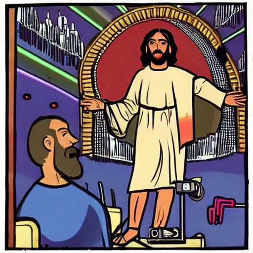 Image similar to jesus is a disk jockey in a london discotheque