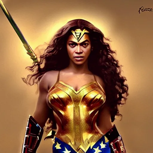 Prompt: Buxom Beyonce as Wonder woman, by Ruan Jia.