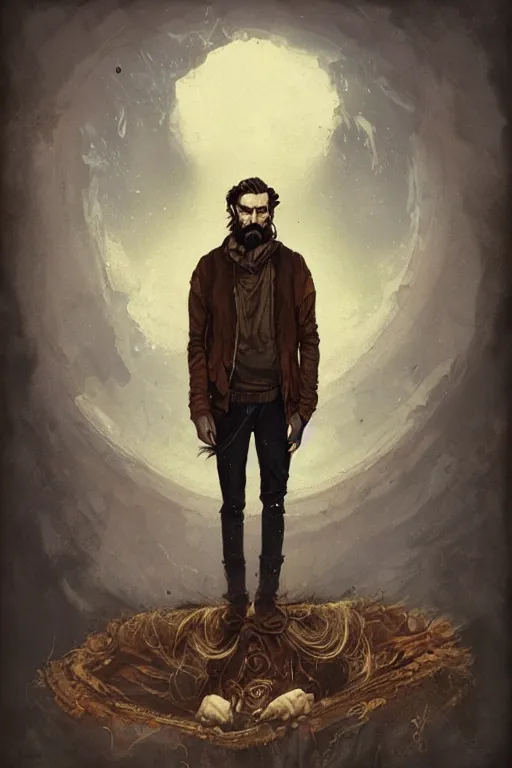 Image similar to full-body portrait of a majestic hobo, brown and gold, rags, beard, fisheye lens, by Anato Finnstark, Tom Bagshaw, Brom