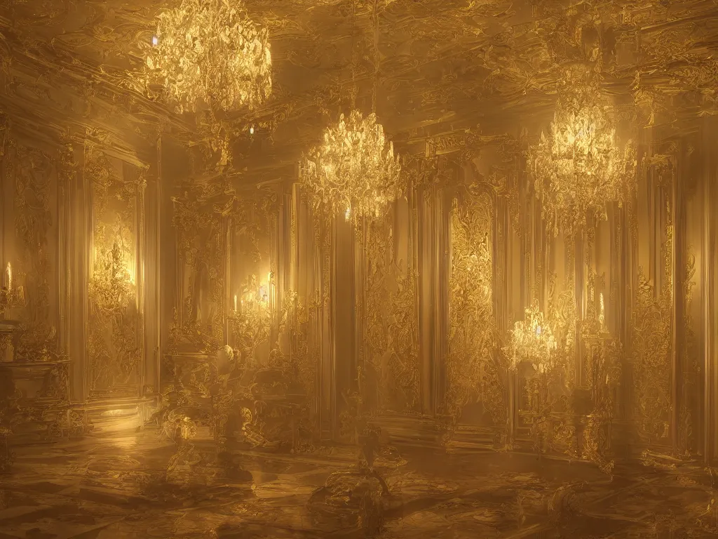 Image similar to hyper realistic photo of a luxury baroque room interior volumetric lights