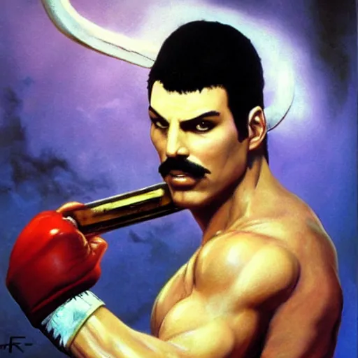 Image similar to ultra realistic freddy mercury as ryu from street fighter, painting by frank frazetta, 4 k, ultra realistic, highly detailed,