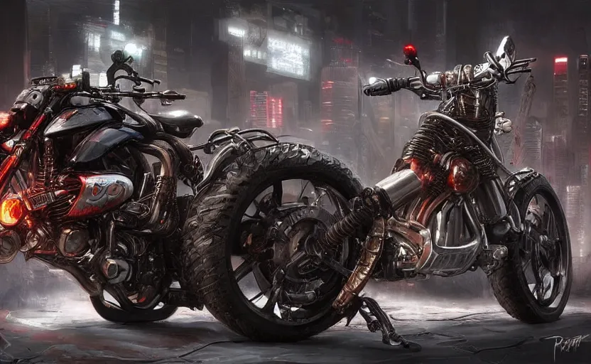 Image similar to Cyberpunk yamaha motorcycle. By Konstantin Razumov, horror scene, highly detailded