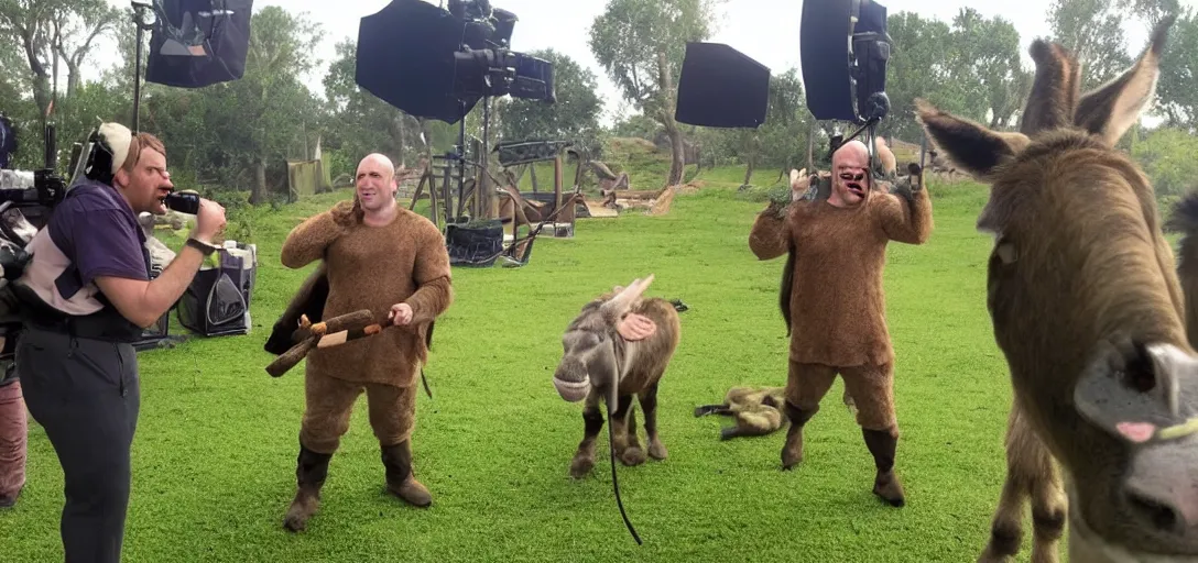 Prompt: behind the scenes photo of shrek, fiona and donkey taking a break in - between filming scenes. movie sound - set. green screen. director reviewing footage. donkey smoking a cigar.