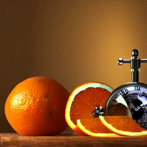 Prompt: orange fruit with clockwork mechanisms inside of it, high definition, professional artwork, mood lighting