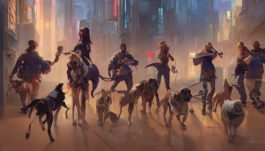 Prompt: a group of lawbreaking dogs trying to appear funny, cyberpunk art by yumihiko amano, jesper ejsing, by rhads, makoto shinkai and lois van baarle, ilya kuvshinov, cgsociety, figurative art, toonami, zbrush, official art