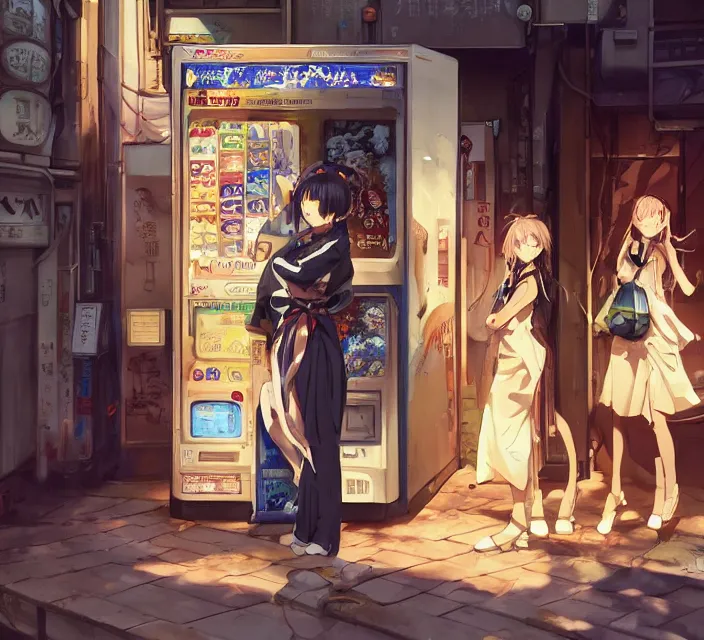 Image similar to Two beautiful anime women, standing in front of a vending machine outside of a Japanese convenience store, in a narrow Tokyo alleyway, gorgeous sunlight and shadows, D&D, fantasy, highly detailed, digital painting, artstation, concept art, sharp focus, illustration, in style of GUWEIZ and WLOP and NIXEU and Craig Mullins