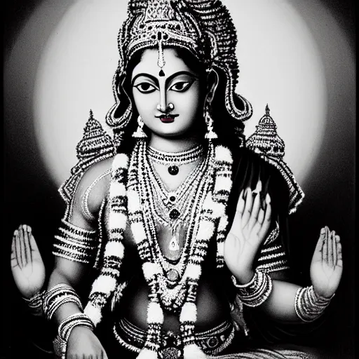 Prompt: A high-resolution, detailed photograph of the beautiful! Hindu goddess Gayatri by Ansel Adams, dramatic lighting