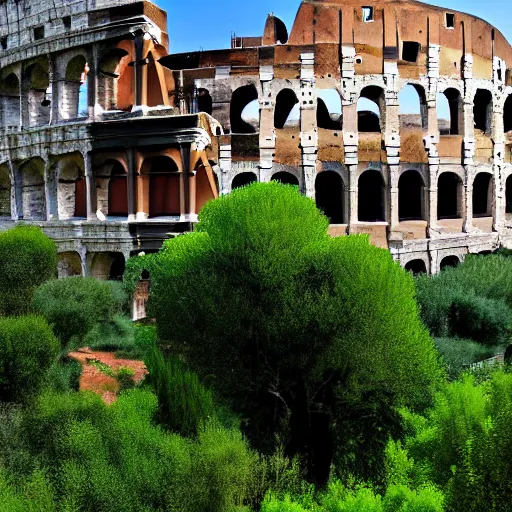 Prompt: a photo of the colosseum of Rome invaded by vegetation, even the surrounding areas of the city are invaded by trees and vegetation, everything seems abandoned, post-apocalyptic