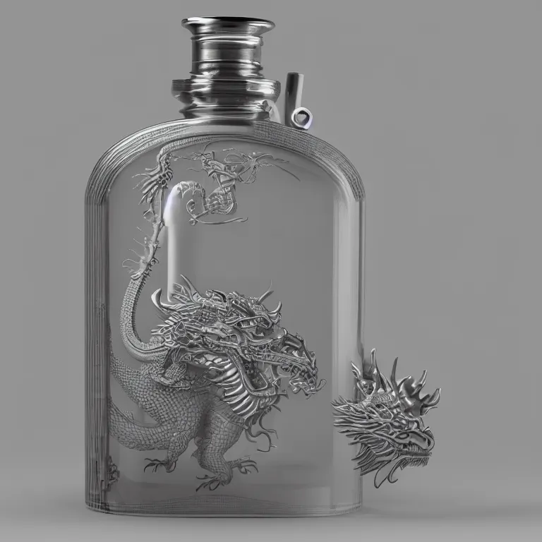 Image similar to transparent ancient boar flask with a dragon, raytracing, orthographic 3d rendering, octane render