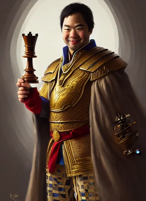 Image similar to gm hikaru nakamura dressed as a king, holding a chess piece fantasy portrait, artstation, extremely detailed artgerm greg rutkowski