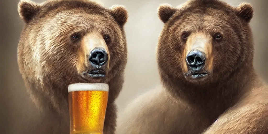 Image similar to a portrait of a bear who drinking beer volumetric lighting, made by Stanley Artgerm Lau, WLOP, Rossdraws, ArtStation, CGSociety, concept art, cgsociety, octane render, trending on artstation, artstationHD, artstationHQ, unreal engine, 4k, 8k,