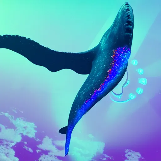 Prompt: digital painting of a fictional whale that has tiny multiple holographic butterfly wing on its back, fully detailed, 4 k, octane render quality, real footage, psychedelics