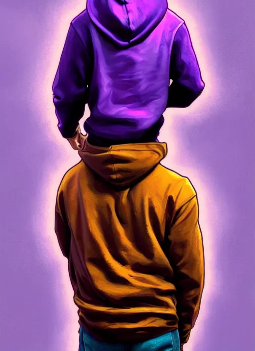 Image similar to young man in a purple hoodie, back view, messy short brown hair, colourful, oil painting, intricate, elegant, highly detailed, lighting, painting, artstation, smooth, illustration, art by greg rutowski and alphonse mucha