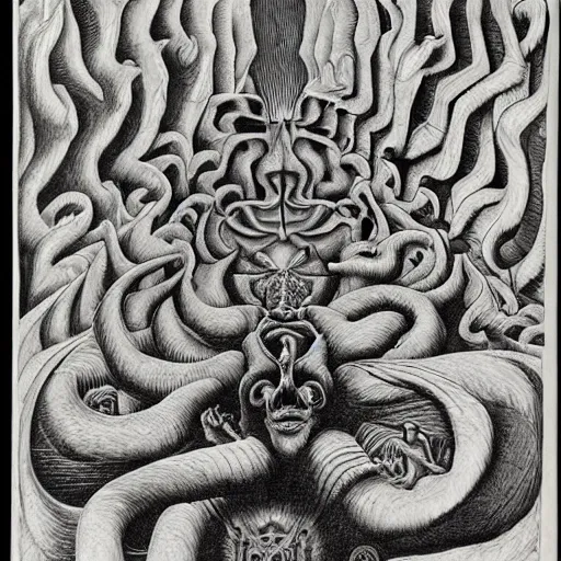 Image similar to eldritch god of madness, black ink on paper, m c escher