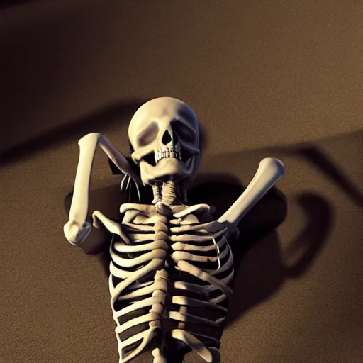 Prompt: bored skeleton, tired of his office work. realistic, ray tracing, renderr 3 d, artstation, masterpiece, hyper realism, sharp focus, dramatic light,