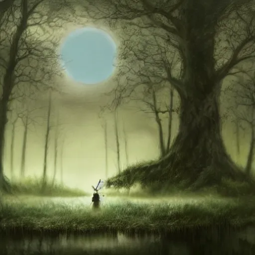 Image similar to highly realistic painting of a towering misty dark fantasy forest surrounding a pond, a girl sits on the roots of an ancient tree looking up at the moon, spooky fog, fantasy painting hd