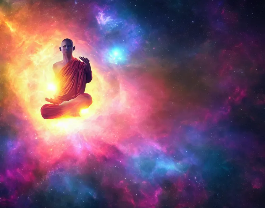 Prompt: energy meditating monk in space, nebula, stars, realistic, beautiful texture, beautiful graphics, fantasy artwork, very beautiful scenery, hd, hdr, ue 5, ue 6, unreal engine 5, cinematic 4 k wallpaper, 8 k, ultra detailed