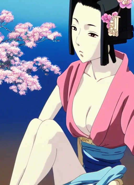 Prompt: glamorous and sexy Geisha, beautiful pale makeup, pearlescent skin, seductive eyes and face, elegant japanese woman, lacivious pose, very detailed face, seductive, sexy push up bras, pale and coloured kimono, ancient japanese temple on the background, photorealism. anime masterpiece by Studio Ghibli. 8k render, sharp high quality anime illustration in style of Ghibli, artstation